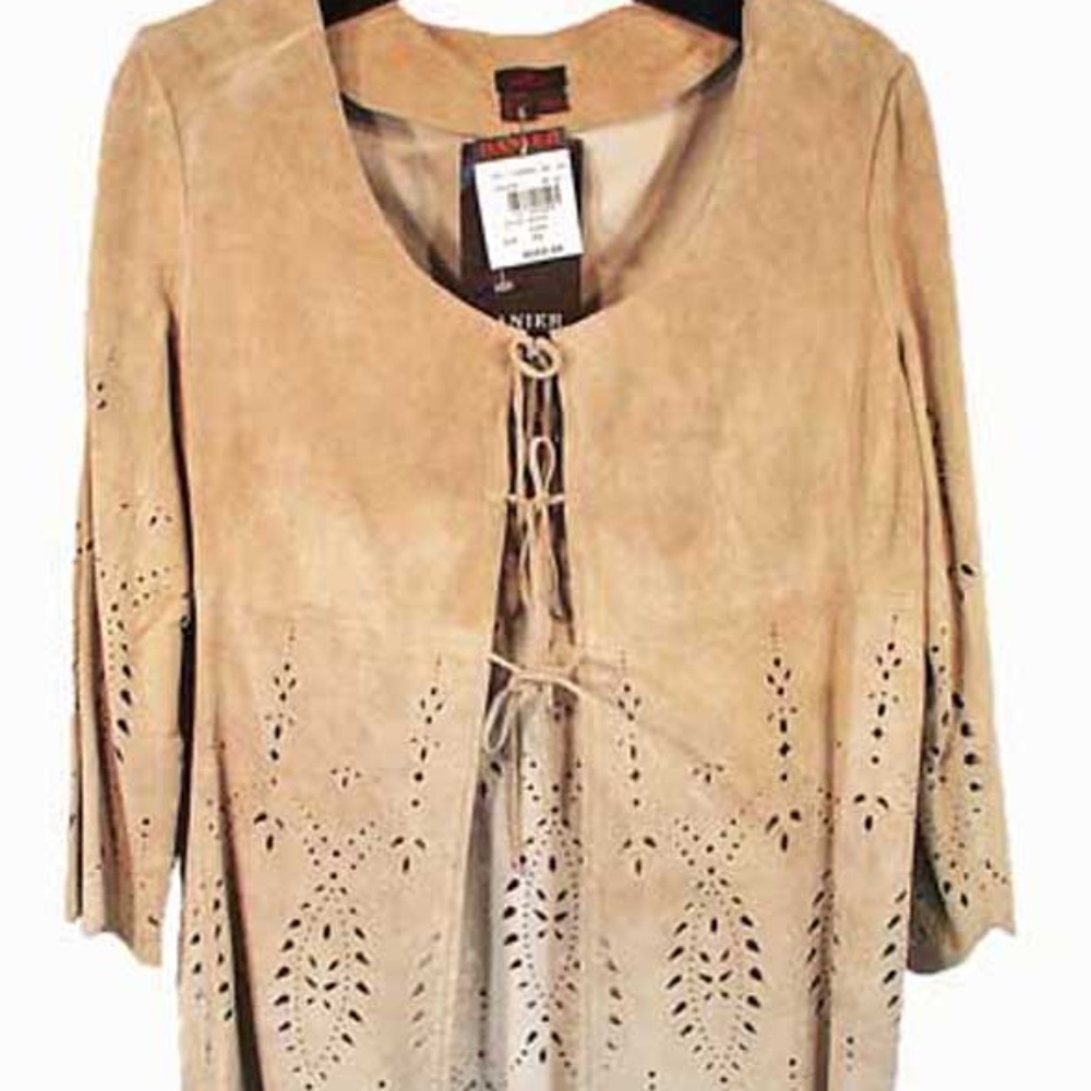 SUEDE JACKET, WHEAT COLOUR, SIZE: MISSES X-SMALL, OPEN FRONT, CUT WORK DESIGNS,